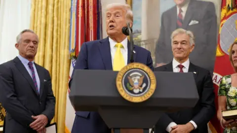 Reuters Donald Trump, with his signature combed over greying hair, wears a navy suit with a white shirt and yellow tie as he speaks at a lectern in the White House on Friday