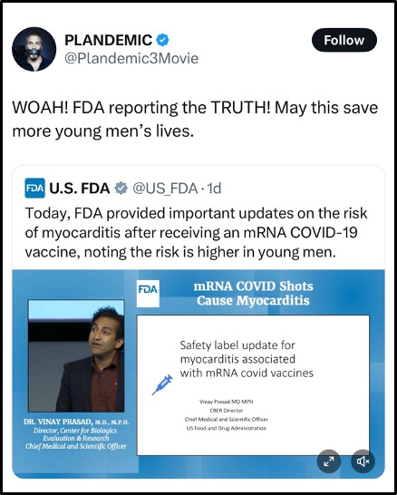 A tweet from @Plandemic3Movie shares a US FDA post about mRNA COVID-19 vaccines, highlighting updated safety information on the risk of myocarditis, with a caption hoping this information saves young men's lives.