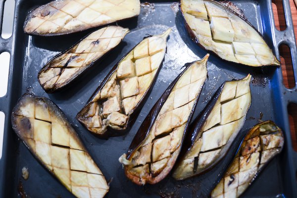 Baked eggplant, flesh side up
