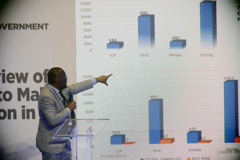 A consultant onstage giving a lecture and pointing at a projected bar-chart.